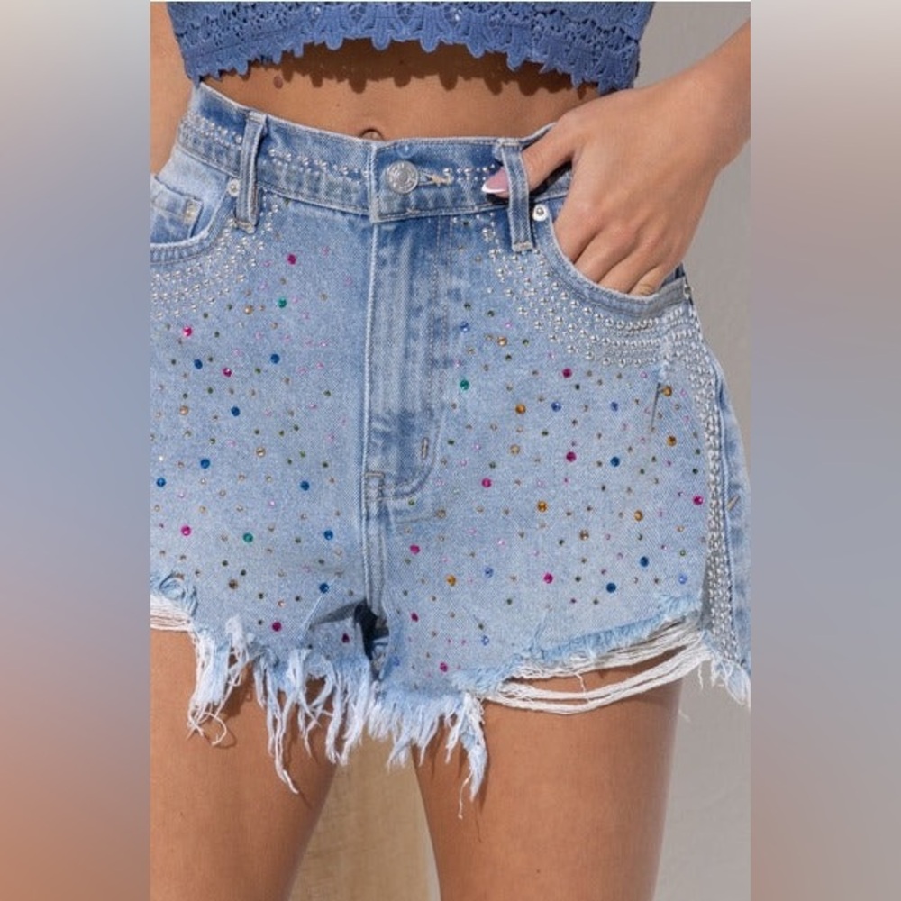 Rainbow Rhinestone & Studded Denim Shorts - Blue B